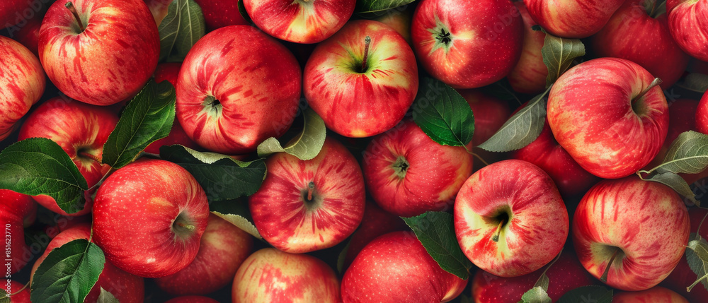 A vibrant array of red apples with fresh green leaves, placed close together, creating a tantalizing and healthy visual feast. A vibrant array of red apples with fresh green leaves, placed close together, creating a tantalizing and healthy visual feast.