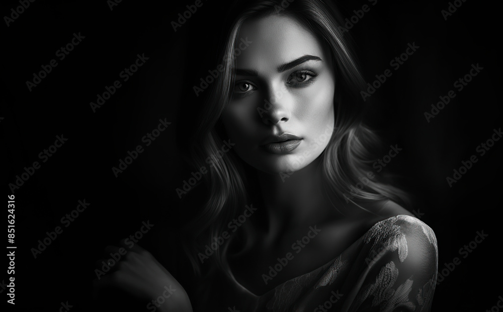 woman in lace dress with soft lighting in a dark setting. Studio portrait photography. Elegance and beauty concept for design and print woman in lace dress with soft lighting in a dark setting. Studio portrait photography. Elegance and beauty concept for design and print