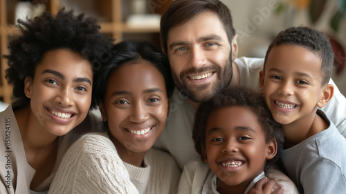 Interracial polyamorous family smiling in a cozy living room.
