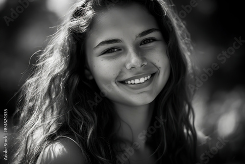 a black and white photo of a pretty girl with wavy hair