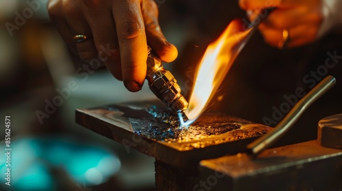 Close-up of a craftsman's hands using a blowtorch for metalwork in a workshop, with detailed focus on the flame and tools.