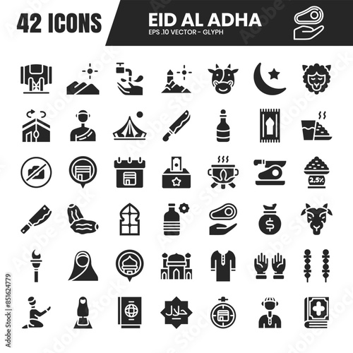 Eid al adha glyph icon set. A collection of glyph icons celebrating Eid al-Adha. Vector illustration.