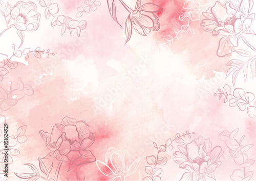 pink peony flowers outline on splash background template