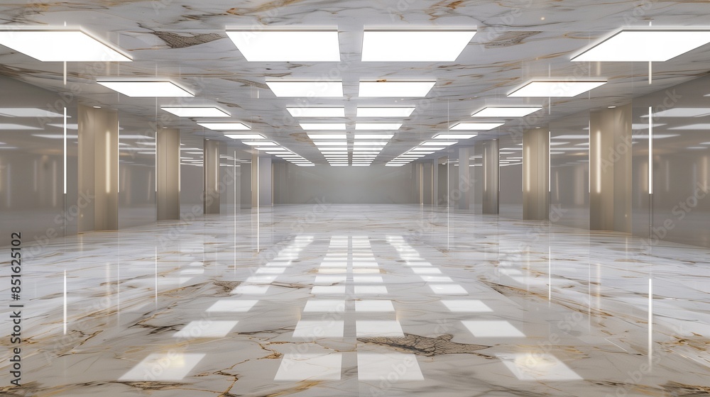 An empty light room with a floor of polished, white onyx and a ceiling of recessed, square LED lights An empty light room with a floor of polished, white onyx and a ceiling of recessed, square LED lights