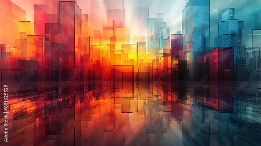 An abstract background with a trapezoid cityscape featuring varying building heights, vivid colors, hd quality, digital art, high contrast, geometric design, modern aesthetic, artistic abstraction