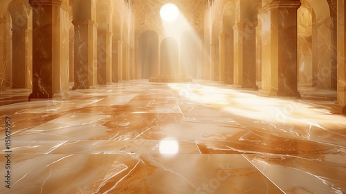 An empty light room with a floor of large, sand-colored tiles and a central, ambient light well photo