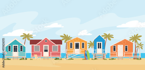Beach house. Bungalow on a tropical island. Rest by the sea. Vacation on a sunny beach. Vector illustration
