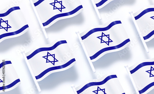 Israeli flag pattern background white soft color. Realistic cartoon 3d style. Flag fabric effect texture flat top view. Vector illustration