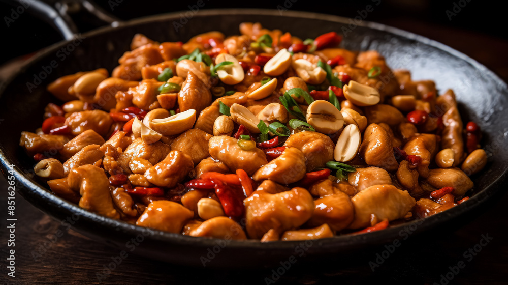 A black pan filled with a colorful dish of beans, meat, and vegetables. The dish is garnished with green onions and red peppers A black pan filled with a colorful dish of beans, meat, and vegetables. The dish is garnished with green onions and red peppers