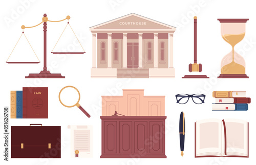 A set of objects related to the law. Courtroom, scales, gavel. Legal resolution of conflicts and crimes. Vector illustration