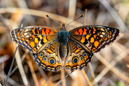 Beautiful black, yellow and orange butterfly rests among the foliage of a garden