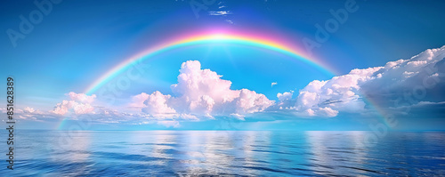 A vibrant rainbow stretching across a clear blue sky after a summer rain shower, with fluffy white clouds in the distance.