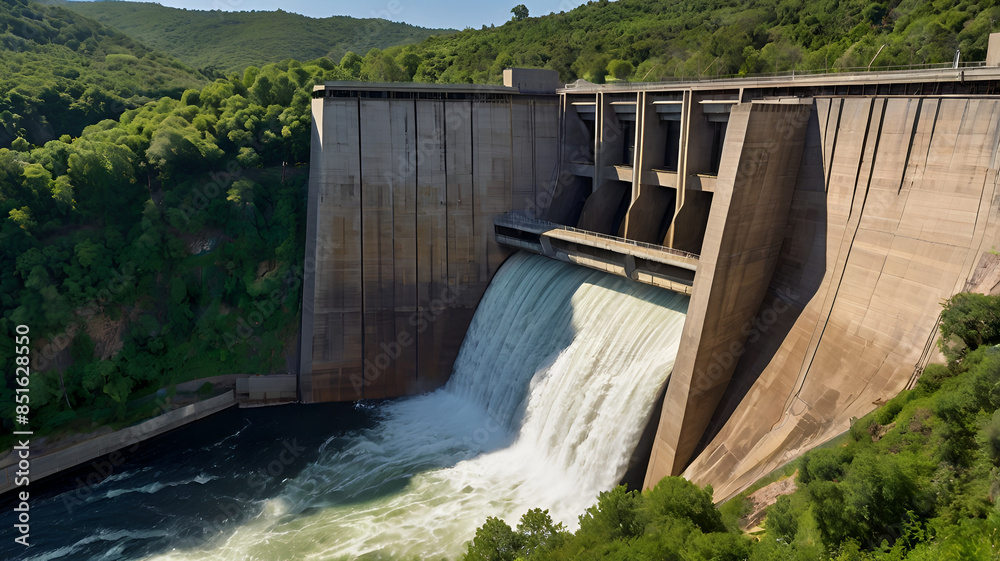 a hydroelectric dam in operation, with water pouring through the gates and creating a dynamic scene of movement and energy, framed by the lush greenery of the surrounding area a hydroelectric dam in operation, with water pouring through the gates and creating a dynamic scene of movement and energy, framed by the lush greenery of the surrounding area
