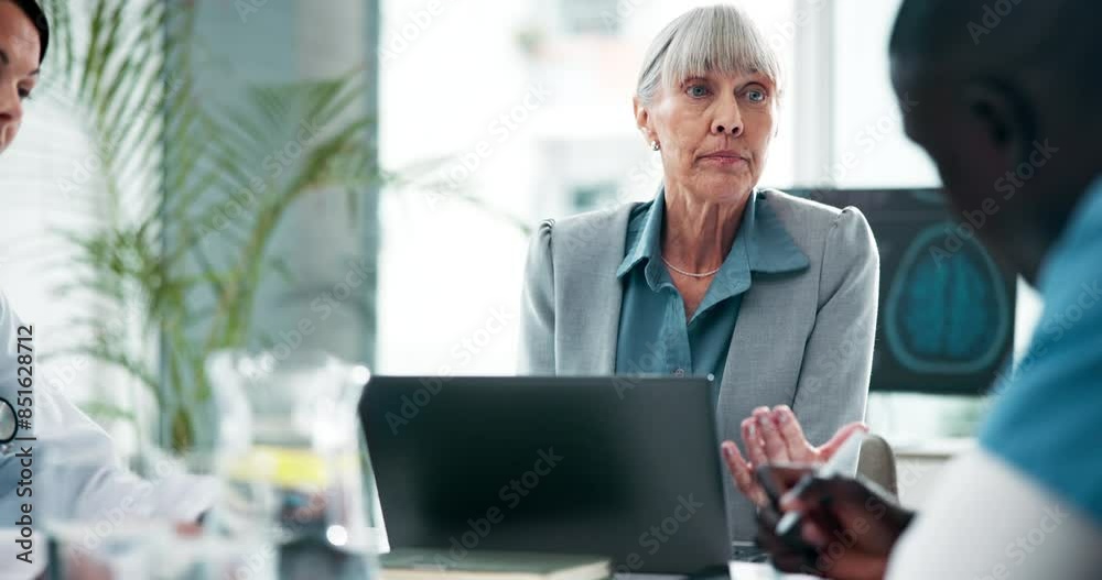 Woman, laptop and nurse for medical advisor and planning, discussion or meeting for health insurance. Report, conversation and man brainstorming with mature healthcare consultant in hospital business Woman, laptop and nurse for medical advisor and planning, discussion or meeting for health insurance. Report, conversation and man brainstorming with mature healthcare consultant in hospital business