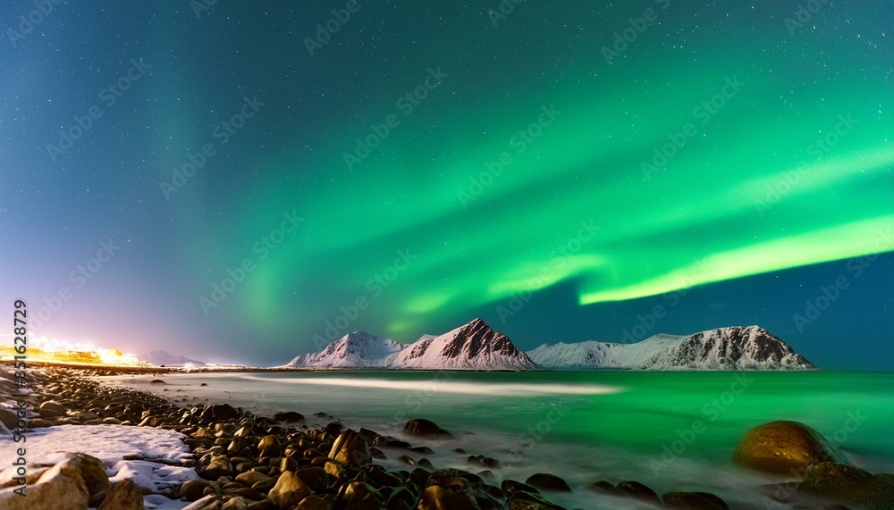 Naklejka premium Paisaje hermoso aurora boreal cielo colores mar