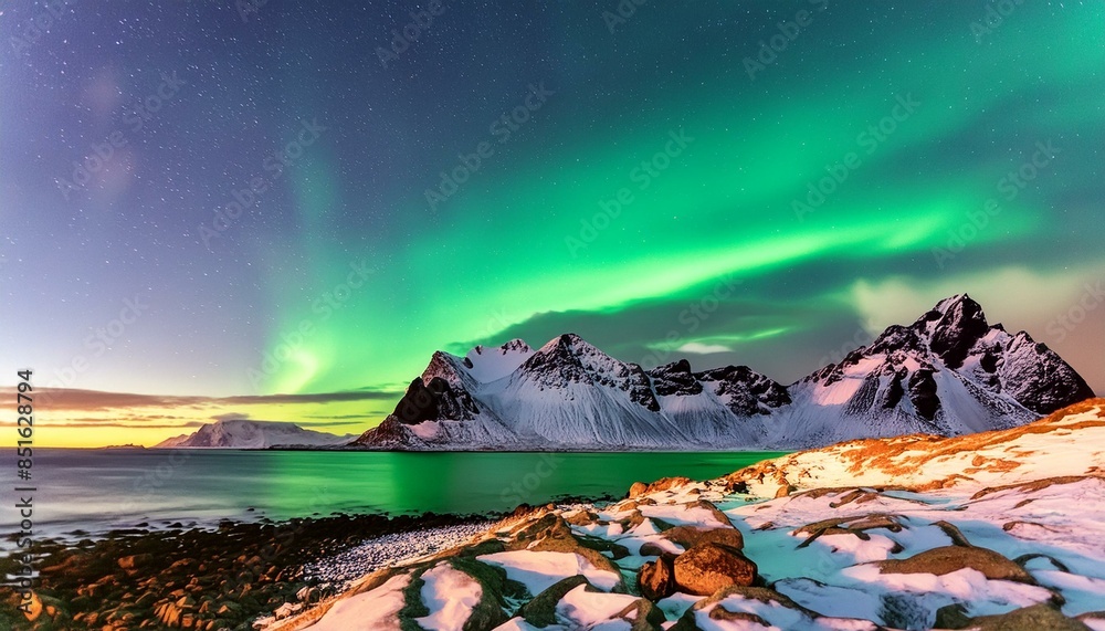 Naklejka premium Paisaje hermoso aurora boreal cielo colores mar