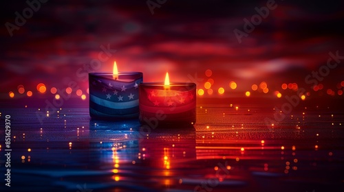 Two votive candles with American flag motifs, burning with a backdrop of blurred red, white, and blue lights
