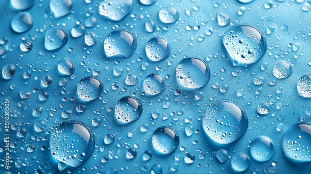 A high-resolution image showing a spread of water droplets on a blue textured surface, giving a fresh clean look A high-resolution image showing a spread of water droplets on a blue textured surface, giving a fresh clean look