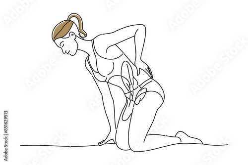 A woman caring about her painful lower back, doodle continuous vector illustration