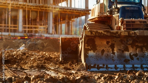 close-up of a bulldozer leveling the ground at a construction site, with a half-built structure in the background