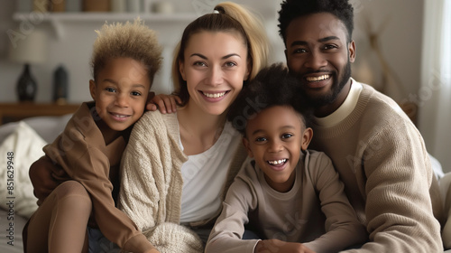 Happy mixed-race family smiling and hugging in a cozy home setting.