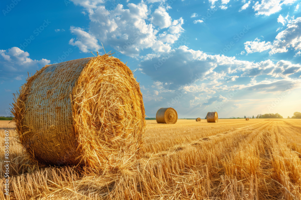 beautiful golden hay bales in the field after harvest under a blue sky with clouds. creating an idyllic rural landscape for the summer season concept beautiful golden hay bales in the field after harvest under a blue sky with clouds. creating an idyllic rural landscape for the summer season concept