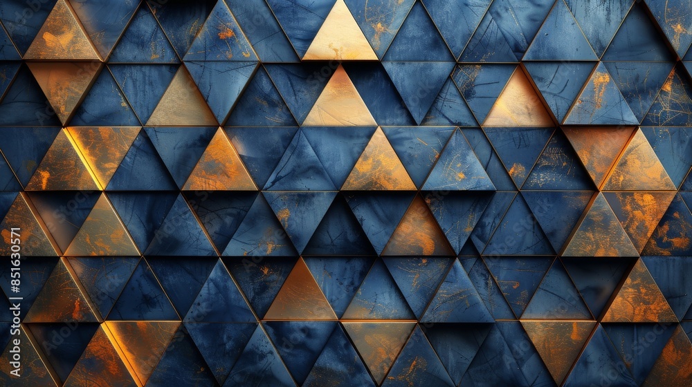 A geometric pattern of blue and gold triangles creating a 3D effect A geometric pattern of blue and gold triangles creating a 3D effect