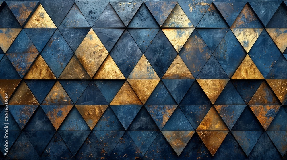 Textured blue and gold geometric pattern with realistic shadows