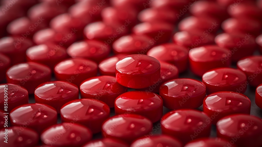 A detailed image focusing on a plethora of red medicinal capsules arranged in a pattern A detailed image focusing on a plethora of red medicinal capsules arranged in a pattern