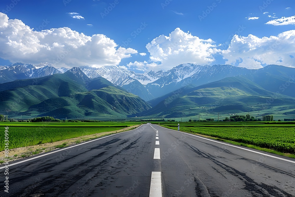 Naklejka premium A wide road leads into the distance, with green fields on both sides and snow-capped mountains in the background. The blue sky is clear, and white clouds float across it