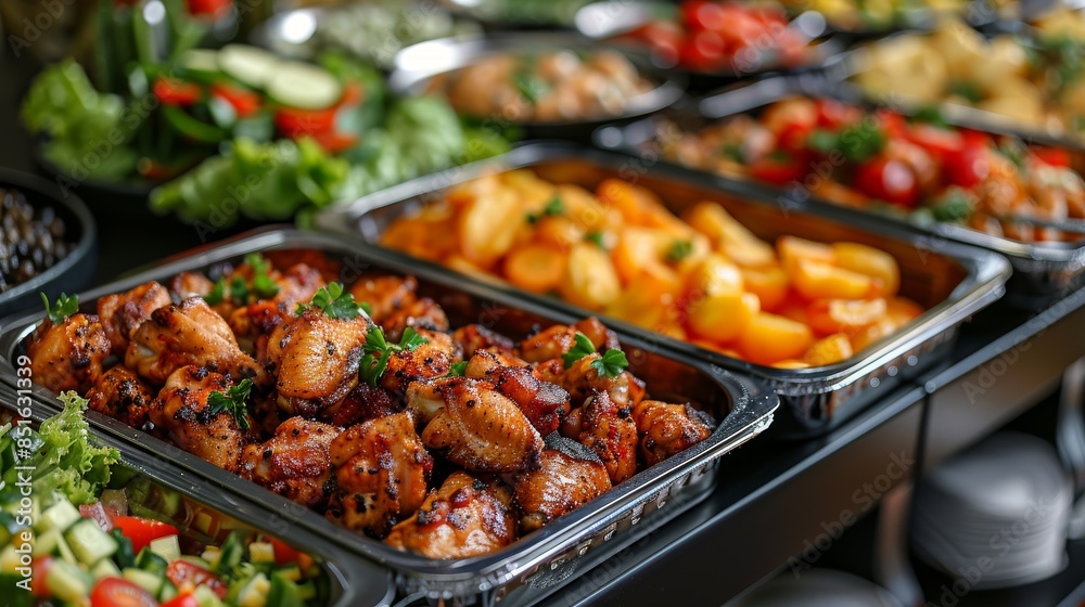 Assorted buffet food trays offering a variety of choices at a catering event Assorted buffet food trays offering a variety of choices at a catering event