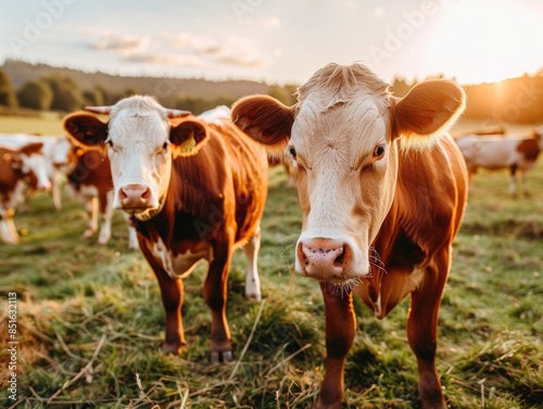 Medium shot of Cows in the pasture, wide angle, cinematic, golden hour, clear sky, close up, low camera position, bokeh, shallow depth of field © Садыг Сеид-заде