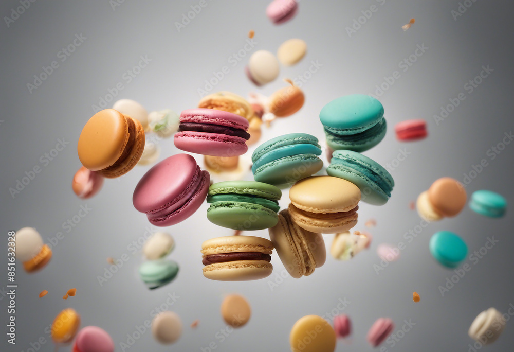 Collection of Various Colorful of Macarons Floating on the Air Isolated on A Grey Background