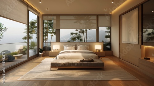 Modern beige bedroom interior dedicated to relaxation with a large window flooding the space with natural light The beige hues provide a warm and inviting atmosphere perfect for unwinding after a © Woraphon
