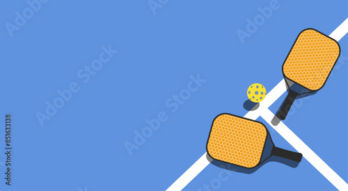 Yellow pickleball paddles and whiffle ball on blue court top view vector illustration background