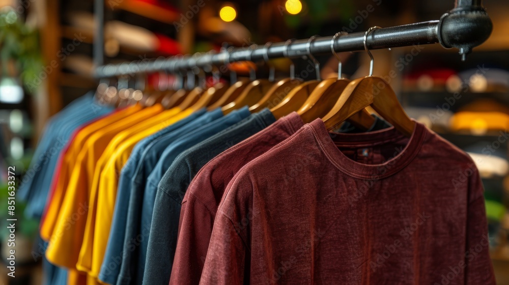 A vibrant selection of neatly arranged T-shirts on display in a modern clothing boutique A vibrant selection of neatly arranged T-shirts on display in a modern clothing boutique