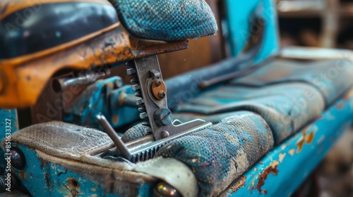 Close-up of vintage sewing machine needle and presser foot with rust, showcasing wear and age in industrial or craft setting.