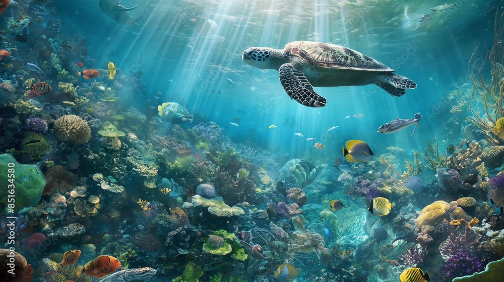 A graceful sea turtle glides above a vibrant coral reef teeming with colorful fish and marine life under the sunlit waters. A graceful sea turtle glides above a vibrant coral reef teeming with colorful fish and marine life under the sunlit waters.