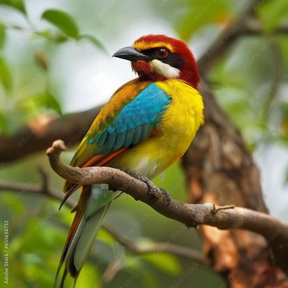 The image shows a bird with vibrantly colored feathers, ranging from bright red to electric blue, green and yellow. The bird is perched on a branch, adding a touch of naturalness to this vibrant The image shows a bird with vibrantly colored feathers, ranging from bright red to electric blue, green and yellow. The bird is perched on a branch, adding a touch of naturalness to this vibrant