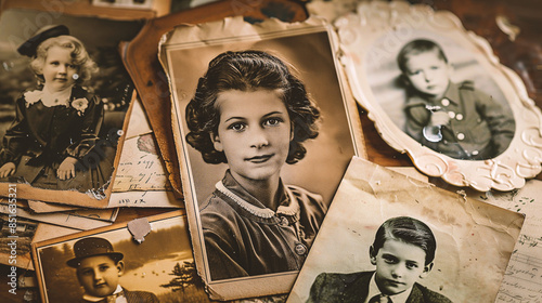 Vintage photo album with old photos of a beautiful in retro style