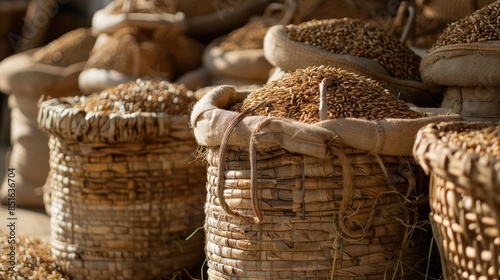 Fresh harvested Wheat seeds falling from tractor machine on the ground. Heap of wheat grains close up shot in field. Indian farming, harvesting concept. Golden grains of common Triticum aestivum