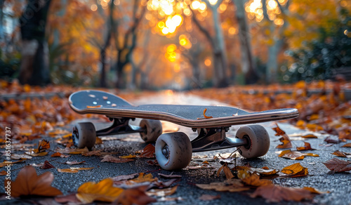 Skateboard on Autumn Path. A skateboard sits on a path covered in fallen leaves, with a blurred background of trees and a sunset sky.