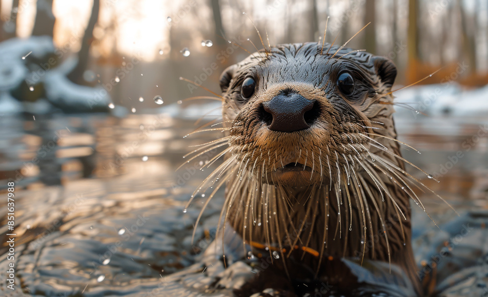 Otter Close-Up in Winter. An otter with wet fur looks directly at the camera Otter Close-Up in Winter. An otter with wet fur looks directly at the camera