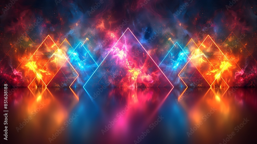 Depth perception illusion with trapezoids, vibrant neon colors, dark background, hd quality, digital art, high contrast, geometric precision, modern design, artistic composition, dynamic and lively Depth perception illusion with trapezoids, vibrant neon colors, dark background, hd quality, digital art, high contrast, geometric precision, modern design, artistic composition, dynamic and lively