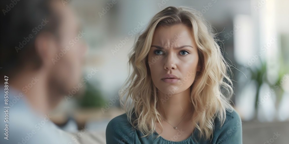 A young blonde woman argues with her husband in front of upset wife. Concept Relationship Conflict, Young Couple, Emotional Discussion, Disagreement, Marital Issues A young blonde woman argues with her husband in front of upset wife. Concept Relationship Conflict, Young Couple, Emotional Discussion, Disagreement, Marital Issues