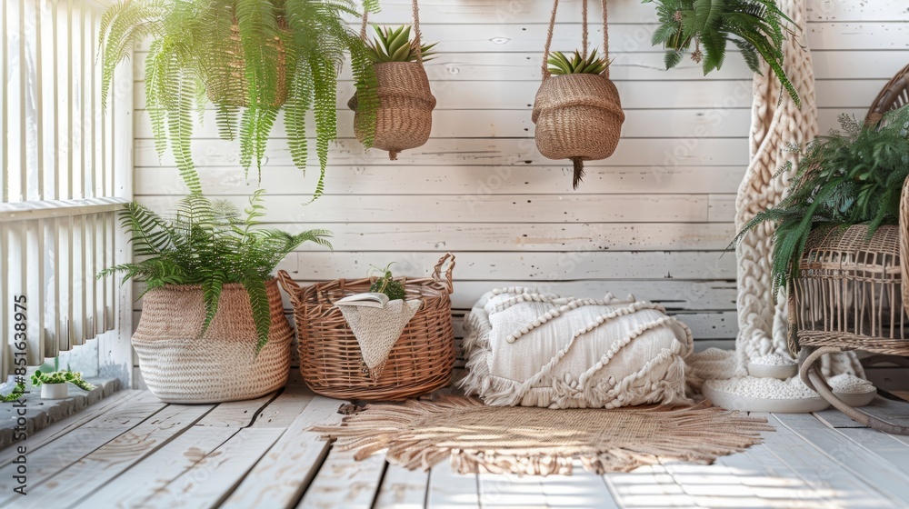 Fototapeta premium Wicker baskets, rattan chairs, and hanging ferns on a porch