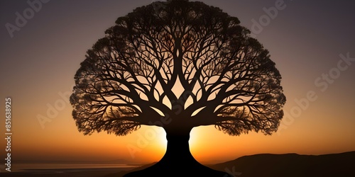 Silhouette of a tree growing from a persons head symbolizing personal growth. Concept Personal Growth, Silhouette Art, Visual Metaphor, Nature Inspiration, Inner Journey photo
