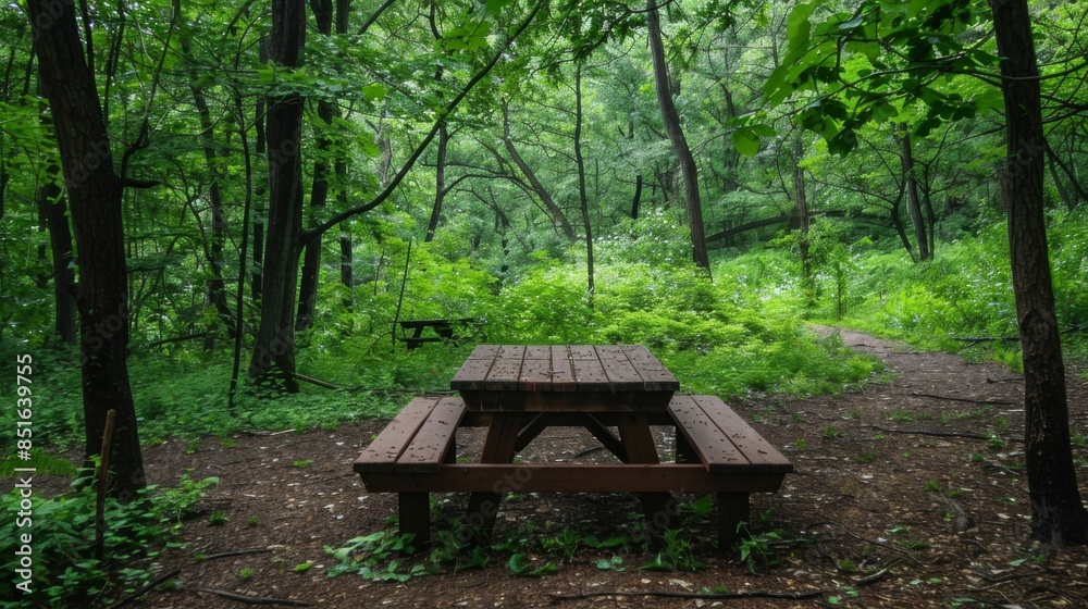 Picnic table and benches in the forest Picnic table and benches in the forest