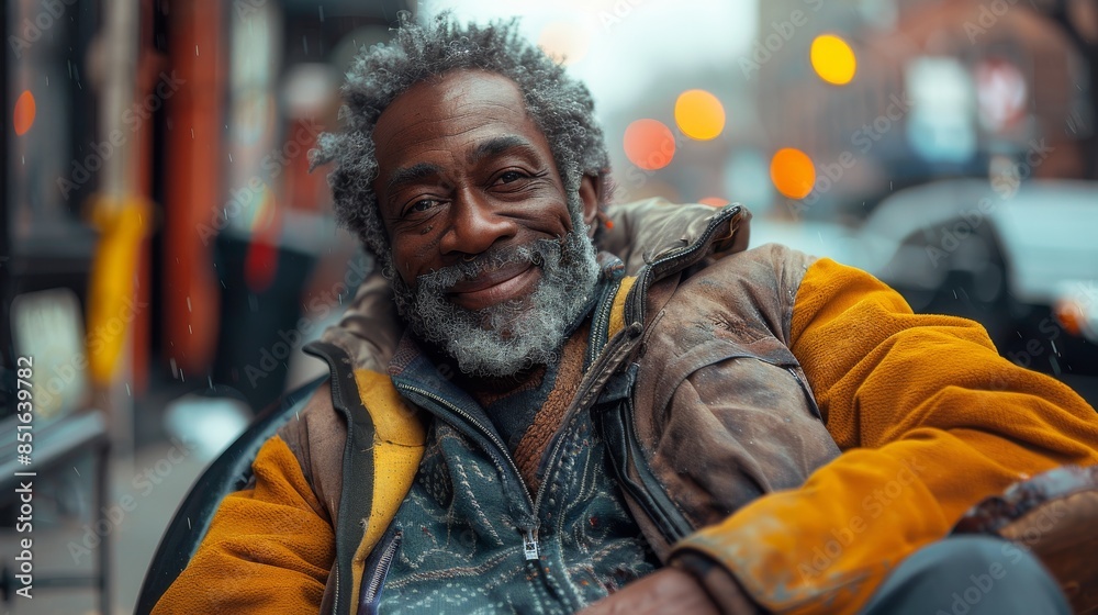 Content elderly man with gray hair and a warm jacket smiles on a bustling city street Content elderly man with gray hair and a warm jacket smiles on a bustling city street
