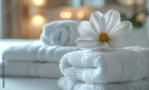 White Flower on Folded Towels. A white flower on towels creates a simple, elegant look.
